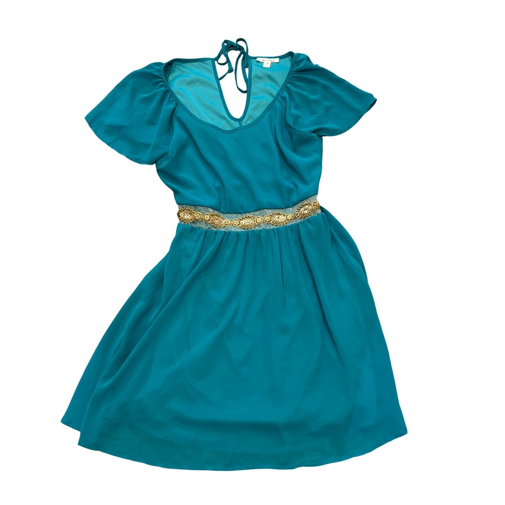 Fit Flare Dress Womens M Teal Gold Embellished Waist Flutter Sleeve Party